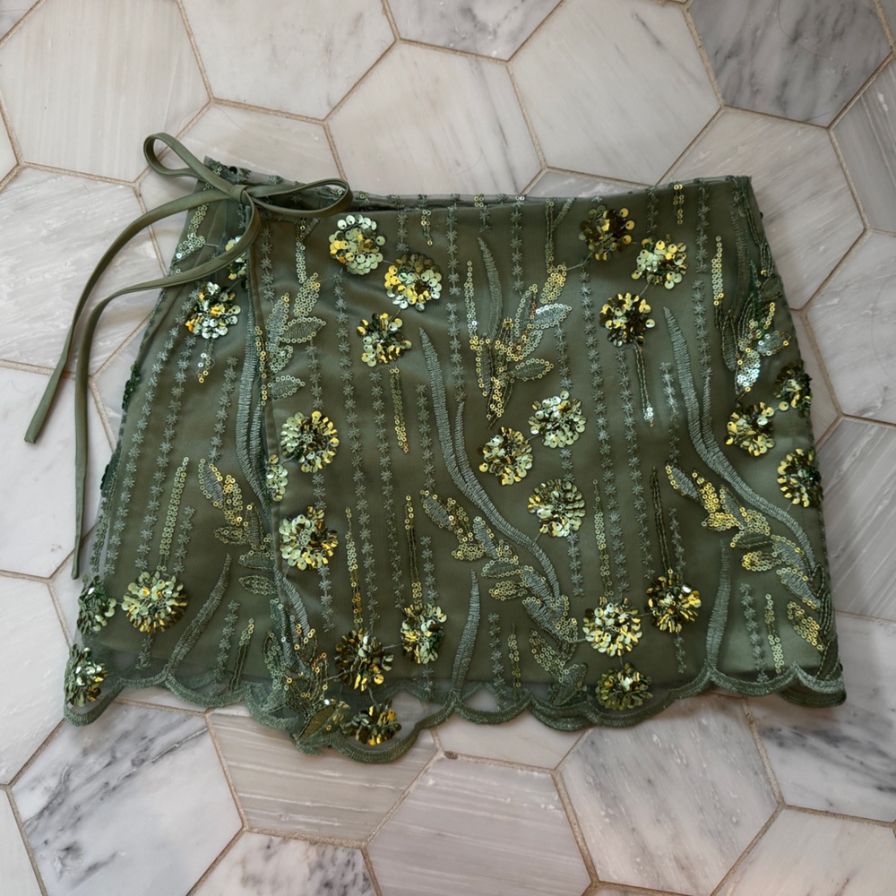 Green Sequin Embellished Mini Skirt